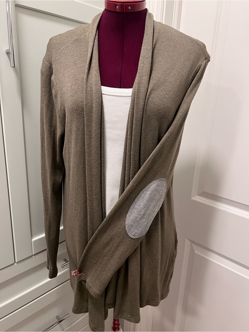 BUTTERCREAM Open-Front Cardigan Olive Taupe Elbow Patch Medium Made in Canada